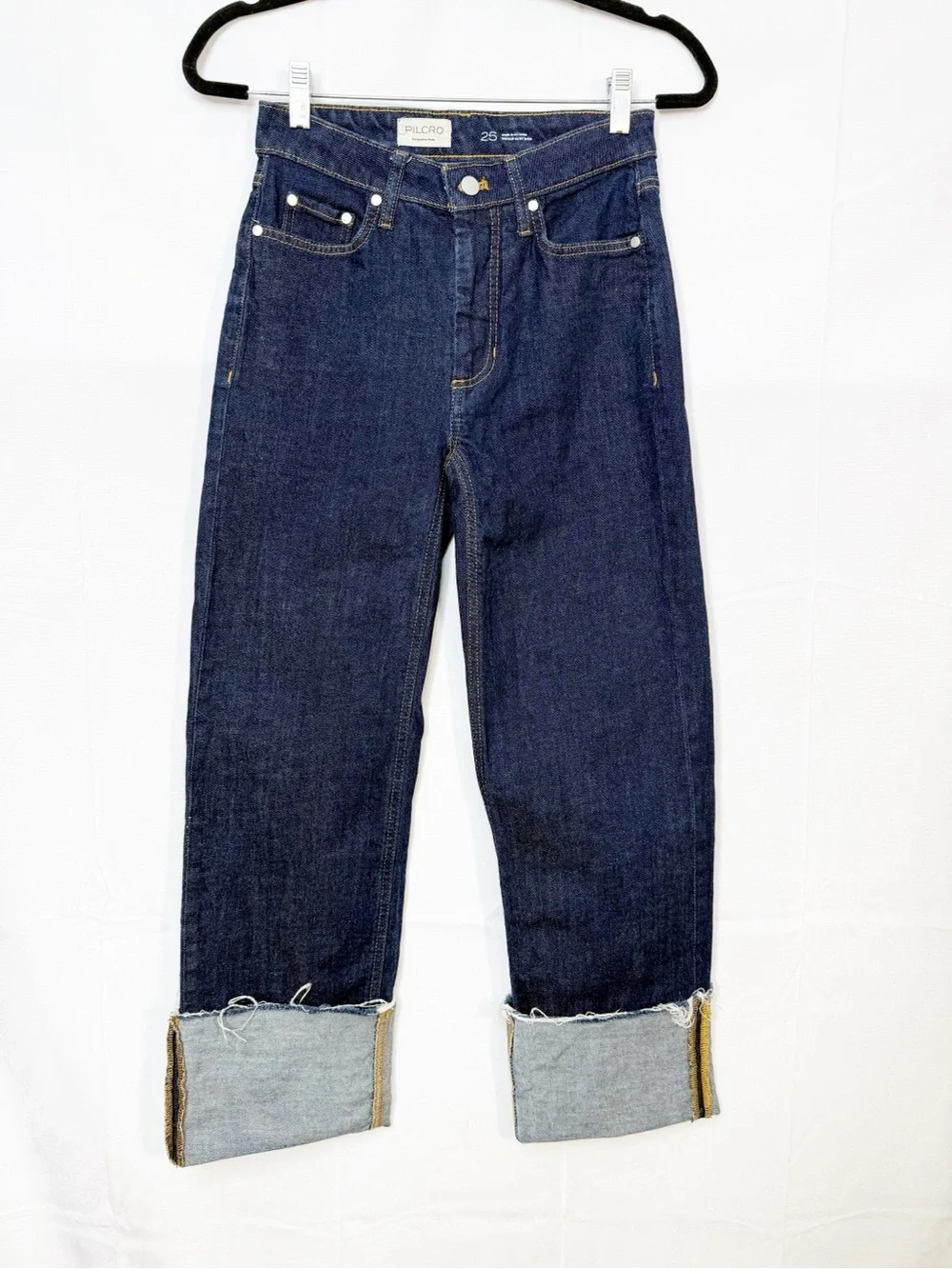 Pilcro X Anthropologie High Rise Cuffed Jeans Dark Wash Straight Wide Leg